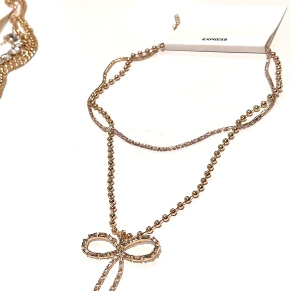 EXPRESS Gold & Baguette Rhinestone/Crystal Bow Layered Necklace NWT - Picture 12 of 14